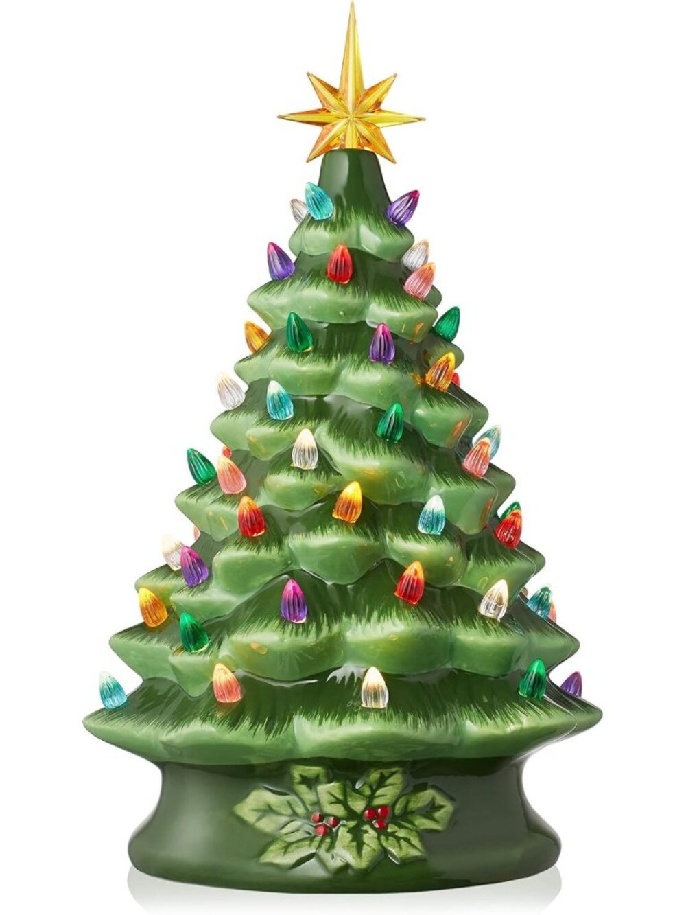 Hand Painted 15-Inch Ceramic Christmas Tree, Pre-Lit with 128 Multi-Color Lights